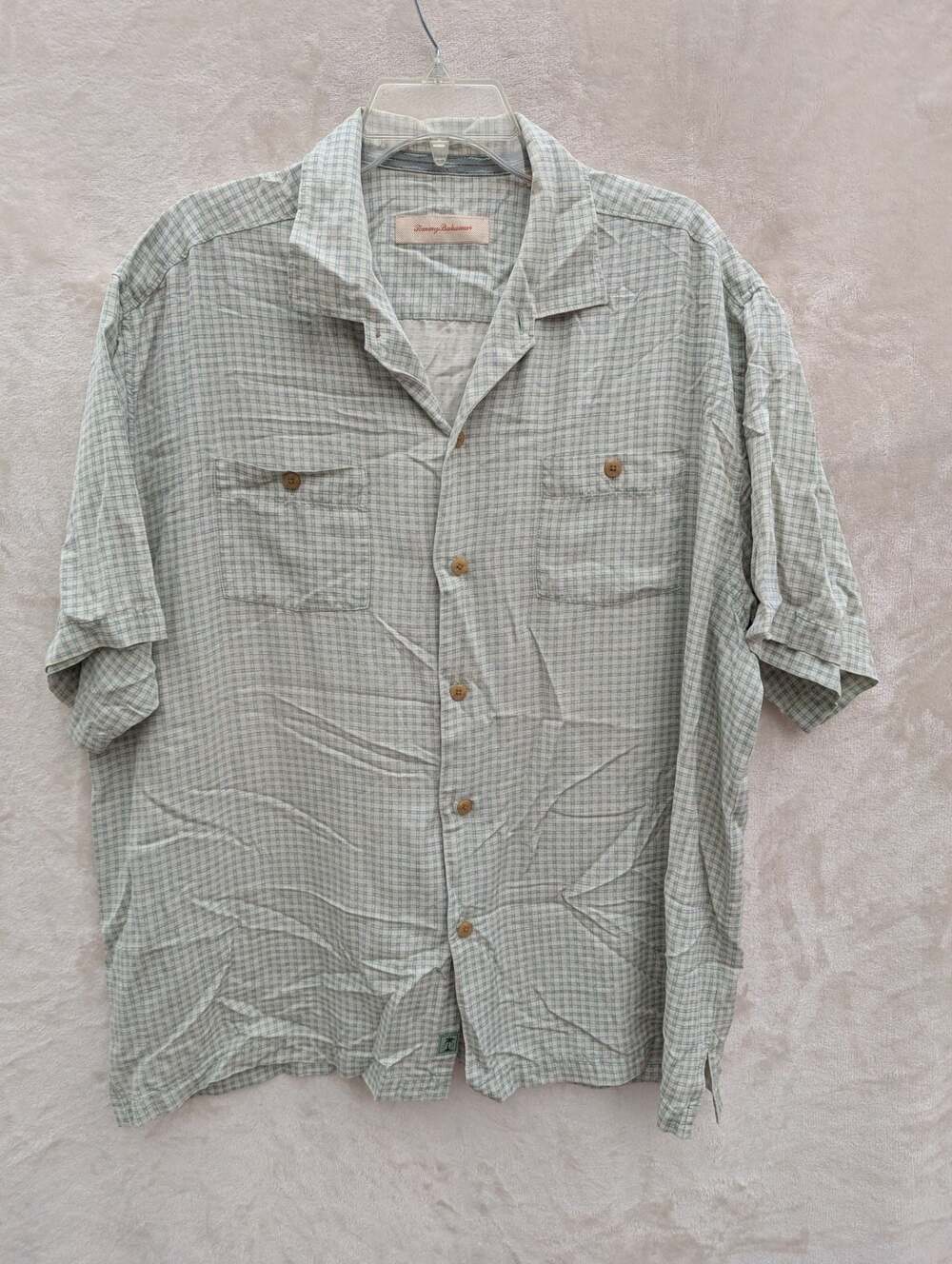 Tommy Bahama Men's XL Green Plaid Check 100% Silk Short Sleeve Button Down Shirt